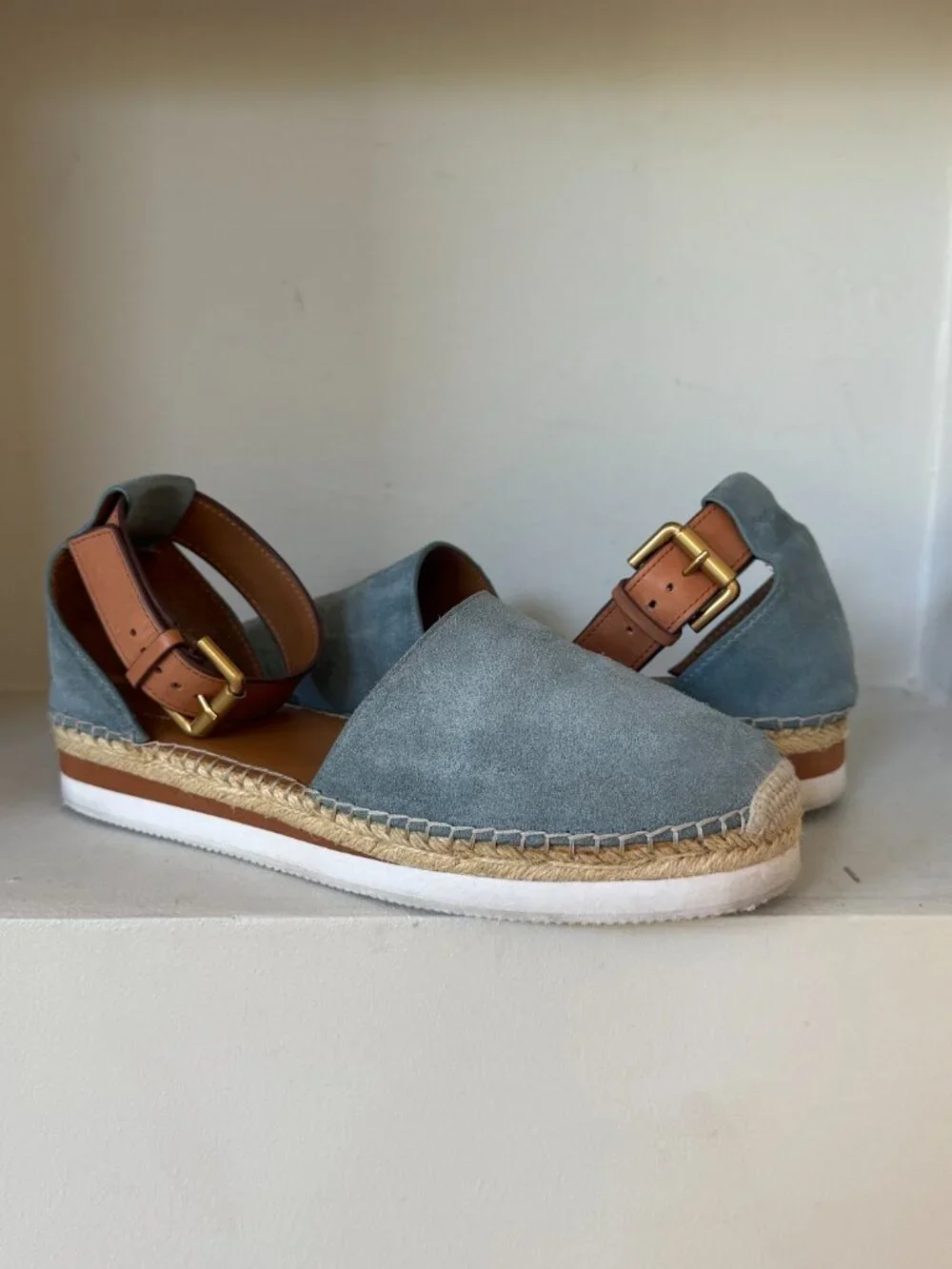 See by Chloé Glyn Blue Suede Platform Espadrille Sandals Ankle Strap 10
